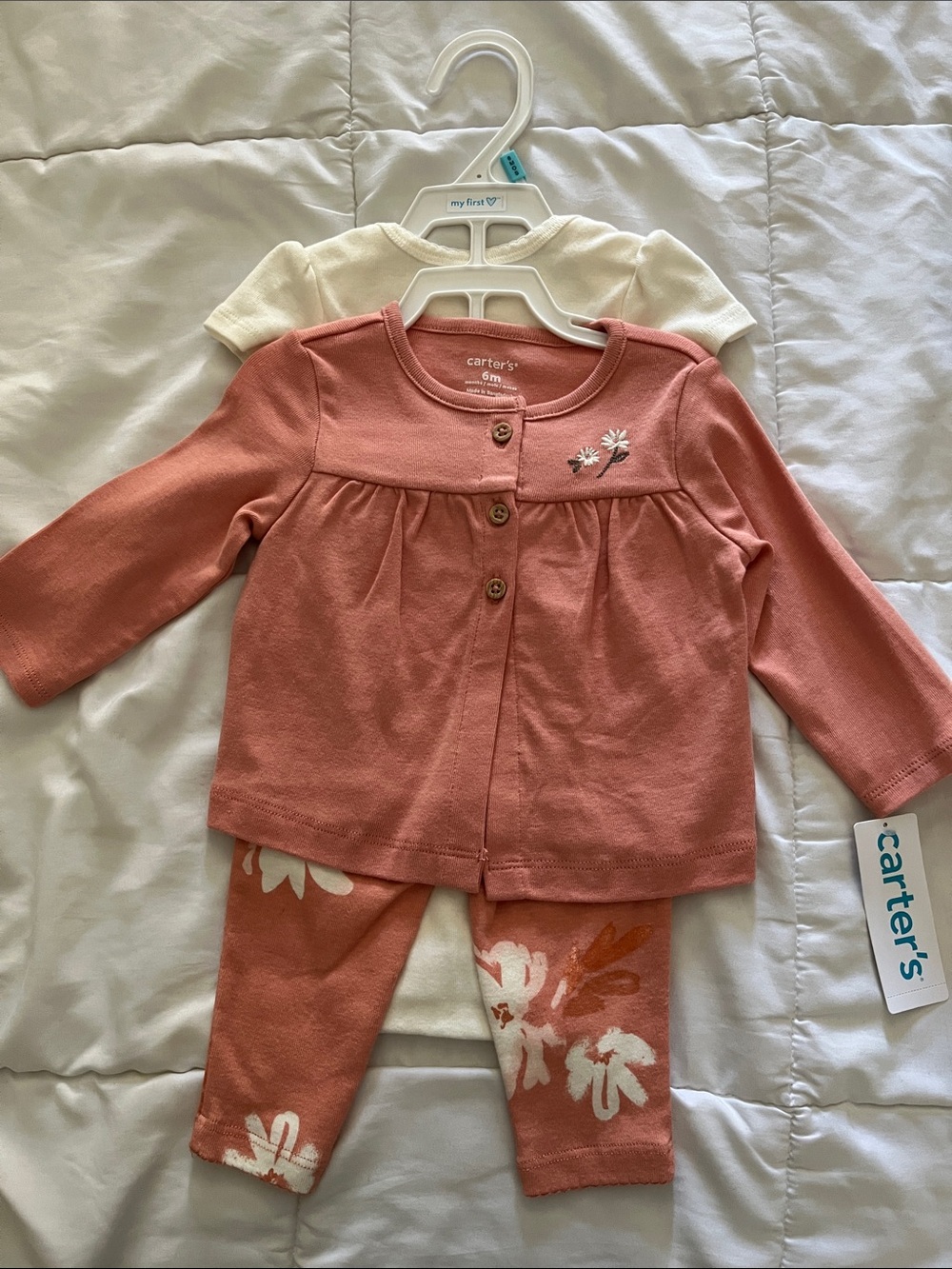 Carter's Coral Pink Floral Knit Top & Leggings Set with Cream Tee